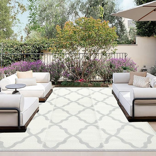 OutdoorLines Outdoor Plastic Area Rugs for Patio 5x8 ft - Reversible Outside Carpet, Stain & UV Resistant RV Mats, Straw Rug for Camping, Deck Garden, Porch and Balcony, Moroccan/Beige & Light Grey