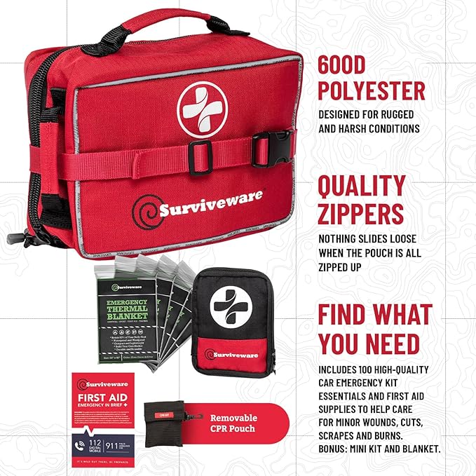 Surviveware 238 Pcs Comprehensive Premium Survival First Aid Kit - Medical Emergency Kit for Travel Camping Gear, Home Essentials & Outdoor Emergencies - HSA & FSA Eligible Survival Kit