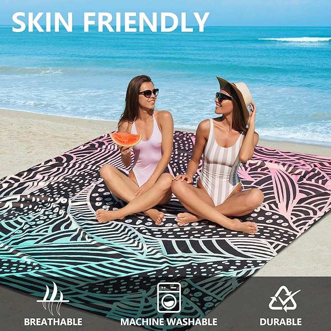 Beach Blanket Waterproof Sandproof Beach Mat 79”x 83” for 1-4 Adults Quick Drying Durable Outdoor Picnic Mat for Beach Festival Travel Camping Hiking (Gradiant BK-Ripple, 79"×83"(4 Person))