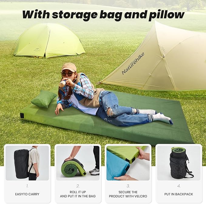 Memory Foam Camping Pad, Camping Sleeping Pad, Camping Mattress Pad with Pillow & Travel Bag, Portable Floor Mat Roll Up for Guest Adults Side Sleepers Indoor Outdoor Travel
