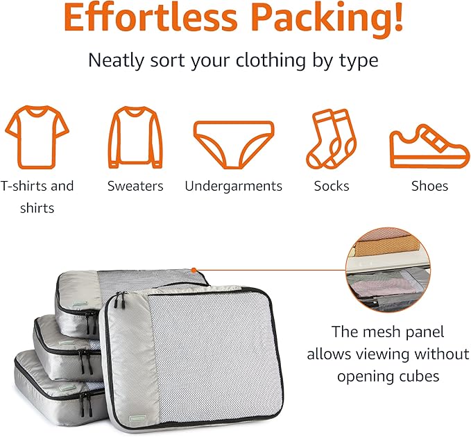 Amazon Basics 4 Piece Packing Cubes Travel Organizer Set with Double Zipper, Mesh Top, Large, Gray