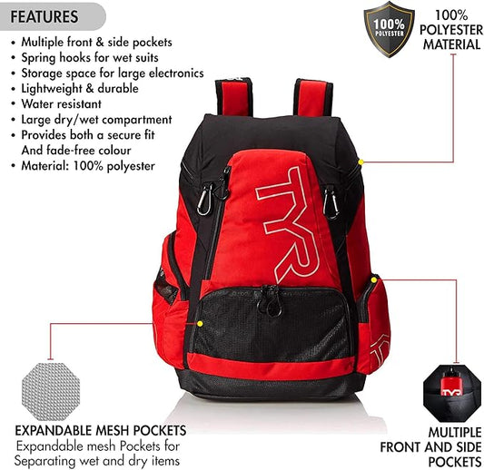 Alliance Backpack, 45L Capacity, Wet and Dry Compartments, Team Colors, Red/Black, 45 Liter