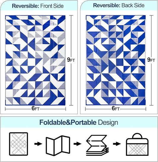 Outdoor Rug Mat for Patio, 6x9ft Waterproof Reversible Plastic Straw Rugs, Camping Carpet Area Mats for RV, Porch, Deck, Backyard, Balcony, Camper, Trailer, Blue & White