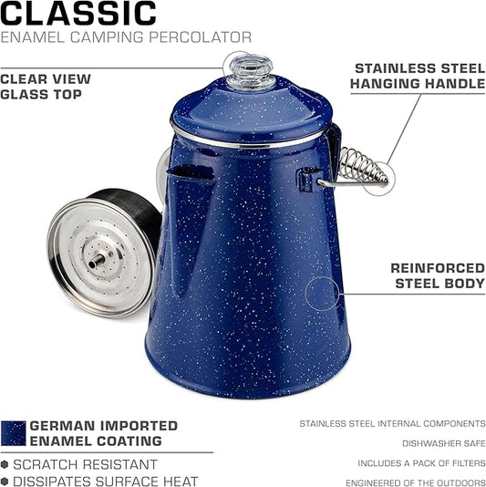 COLETTI Classic Percolator Coffee Pot — The Most Nostalgic Camping Coffee Pot, Now Modernized [Blue Enamel, 12 Cup]