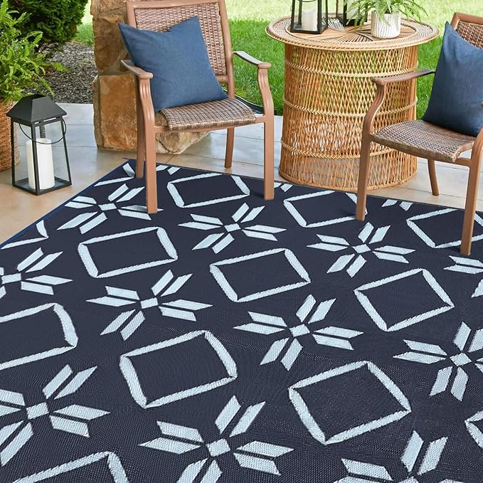Kohree RV Outdoor Rug 9x12 Reversible, Waterproof RV Awning Rug Patio Mat with 4 Stakes & UV Resistant, Non-Slip Outdoor Camping Mat for Picnic, Backyard, Includes Carry Bag (Blue)