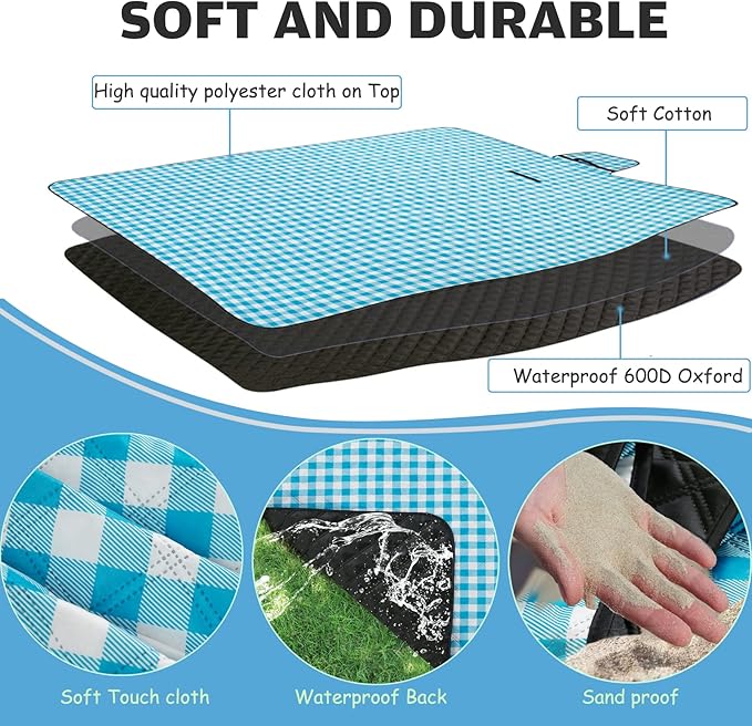 Large Beach Blanket Waterproof Sandproof Picnic Blankets Outdoor Blanket Foldable Beach Mat Sandfree with Carry Strap Lightweight Beach Blankets fit 2 to 4 Adults for Beach Camping Grass Lawn Park