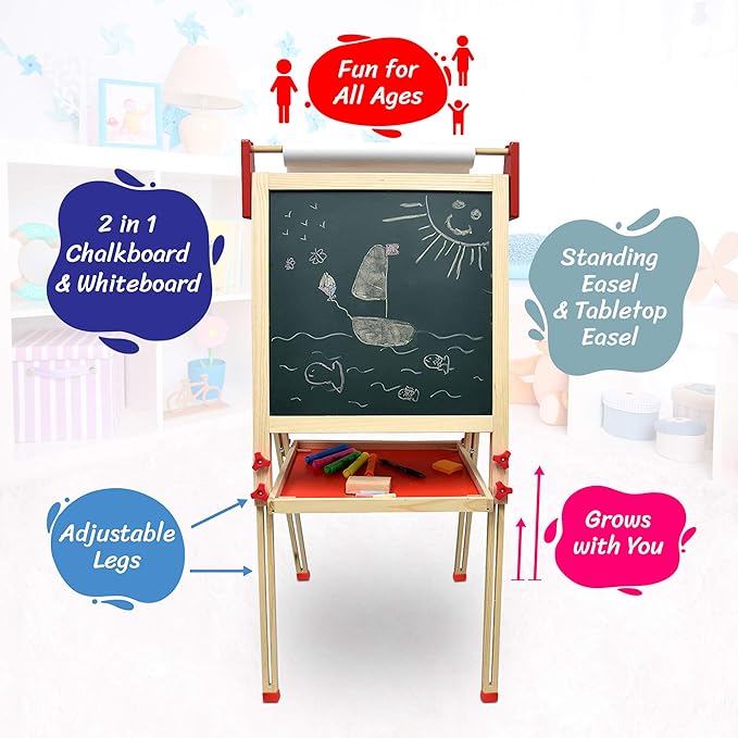 Deluxe Standing Art Easel, Dry-Erase Board Chalkboard Magnetic Whiteboard Paper Roll and Accessories, Ultimate All-in-One Wooden Kid's Art Easel