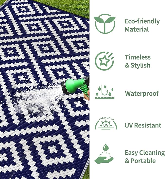 GENIMO Outdoor Rug for Patio Clearance, 10'x14' Waterproof Large Camping Mat, Reversible Plastic Straw Rugs for RV, Camper, Balcony, Backyard, Picnic, Deck (Navy Blue & White)