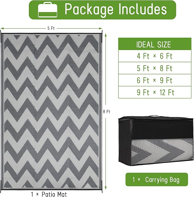 Easy-Going Reversible Outdoor Rugs 5x8ft Waterproof Plastic Straw Rug Stain & UV Resistant Floor Mat for Patio Porch RV Backyard Pool Deck Picnic Beach Trailer Camping (Waved Grey & Light Grey)