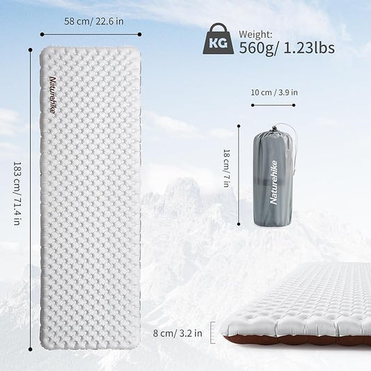 Naturehike Ultralight Insulated Sleeping Pad with R5.8, 3.2in Thickened Patchworkable Inflatable Double Sleeping Mat for Camping, Hiking, Climbing with Inflatable Bag (Silver-Rectangular)