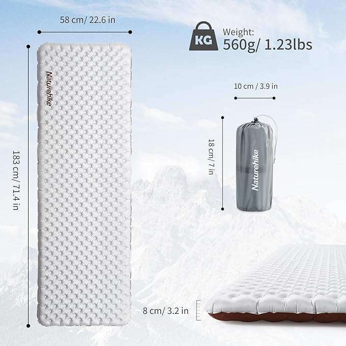 Naturehike Ultralight Insulated Sleeping Pad with R5.8, 3.2in Thickened Patchworkable Inflatable Double Sleeping Mat for Camping, Hiking, Climbing with Inflatable Bag (Silver-Rectangular)