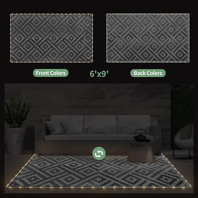 GENIMO Outdoor Rug with LED Strip Lights, 6'x9' Waterproof Camping Mat, Reversible Plastic Straw Rugs for Patio, RV, Camper, Balcony, Backyard, Picnic, Deck, Black & Gray