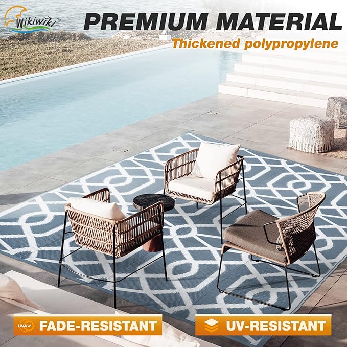 wikiwiki Outdoor Rug, 5x8ft Waterproof Reversible Mat Indoor Outdoor Rugs Carpet, Small Area Rug Plastic Straw Rug for Patio Deck Balcony Pool RV Camping Beach Picnic, Grey, Rugscape Series
