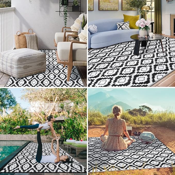 HIHEGD Outdoor Rug 9x12 for Patio Camping RV, Waterproof Reversible Mat, Plastic Straw Rug for Indoor Outdoor Patio Clearance, Porch, Deck, Backyard, Picnic (Black and White)