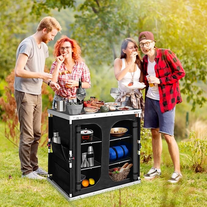 EAGLE PEAK Double Outdoor Folding Camping Table with Large 3-Tier Storage Organizer and Side Pockets, Easy Set Up Portable Aluminum Camping Kitchen, Black