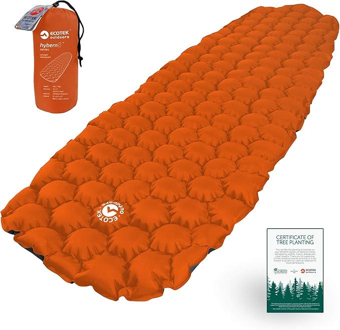 ECOTEK Outdoors Hybern8 Ultralight Inflatable Sleeping Pad with Contoured FlexCell Honeycomb Design - Easy to Inflate, Comfortable, Lightweight, Durable, and Hammock Approved [Fire Orange]