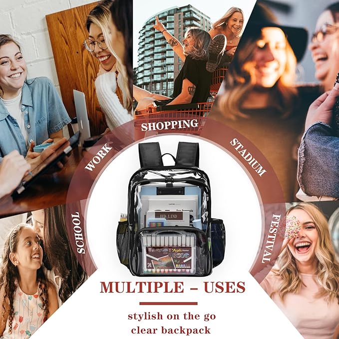 Clear Backpack, 15'' Clear Backpacks for School Heavy Duty See Through Bookbag Amber 0.6mm PVC Backpack for Men Women