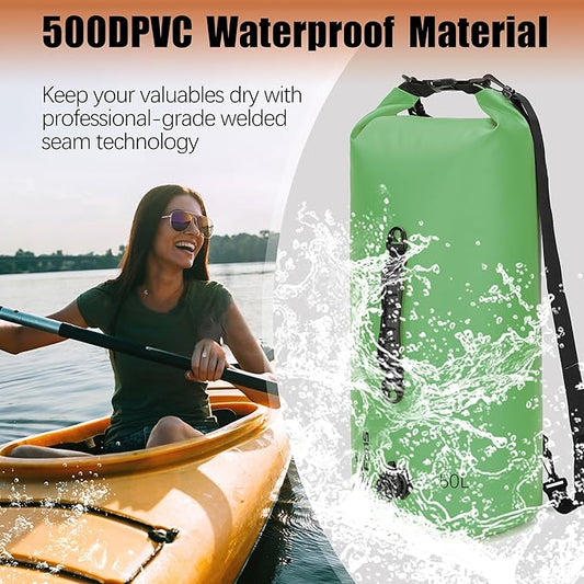 8 Fans Dry Bag Backpack Waterproof,50L Roll Top Bag with Phone Case, Perfect for Floating,Travel,Swimming,Boating,Kayaking,Camping,and Beach Activities(Air Release Valves, Green)