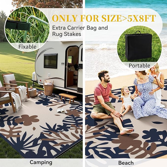 MontVoo Outdoor Rug Waterproof 5x8 ft RV Outdoor Rug for Camping Picnic Mat Outdoor Patio Rug Carpet Plastic Straw Reversible Floral Navy Orange