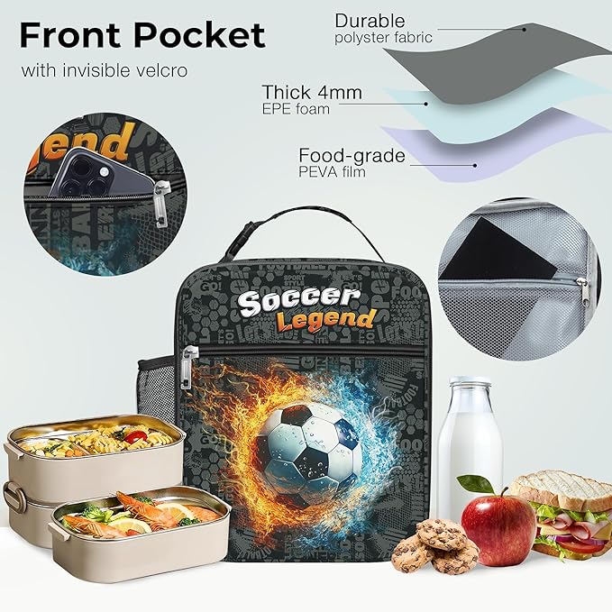 Clastyle 3D Insulated Kids Lunch Bag Large Thermal Cooler Bag for Boy Picnic School Lunch Box Tote,Fire Football