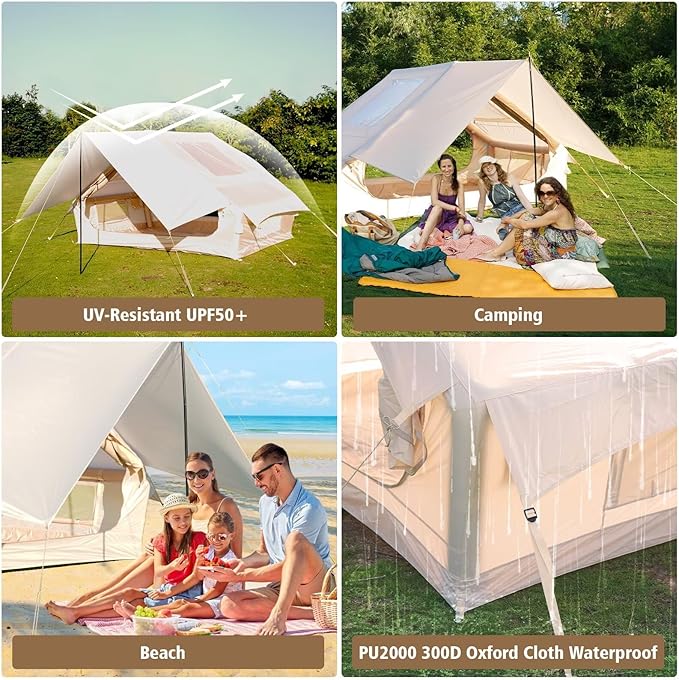 Inflatable Camping Tent with Pump, Upgraded Waterproof Windproof Glamping Blow Up Tent, Easy Setup 4 Season Air Cabin House with Mesh Windows & Door,4-6 Persons