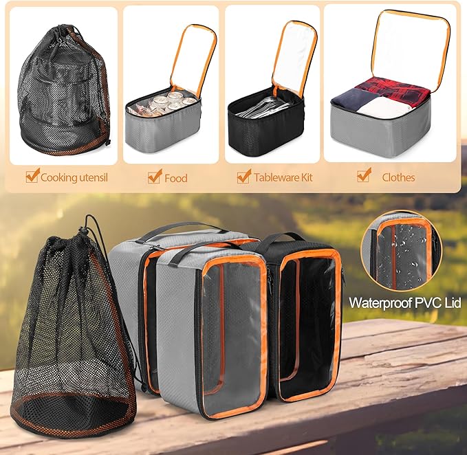 Camping Gear Organizer, 3 Pcs Camping Packing Cubes and 1 Pcs Mesh Pocket with Carrying Bag for Kitchen Supplies, 5-in-one Tactical Travel Storage with Transparent Window for Car Trunk Patented Design