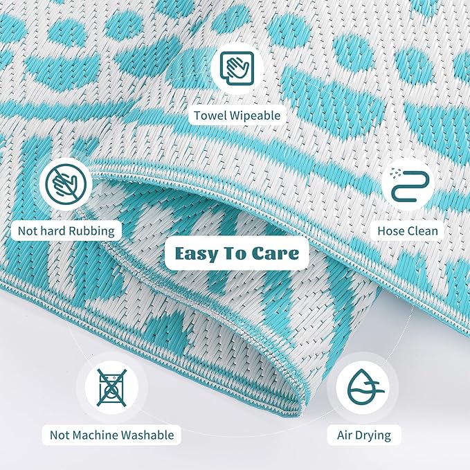 Ileading Reversible Plastic Outdoor Rug Modern Geometric Style Straw Mat, Waterproof Patios Carpet 6x9ft Non Shedding Portable Decor Area Rugs for Deck RV Picnic Beach Backyard (6' x 9'Teal)