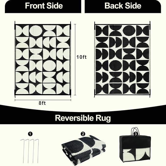 Wonnitar 8x10 Outdoor Rug, Large Waterproof Reversible Outdoor Patio Area Rug, Indoor/Outdoor Plastic Straw Portable Camping Rug for Outside RV Balcony Garden Deck (Black & White,8'x10')