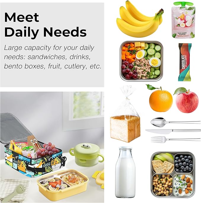 Clastyle Black Dinosaur Insulated Lunch Bag for Kids, Portable Large Thermal Cooler Lunch Bag for Boys, School Lunch Box Bag with Bottle Holder