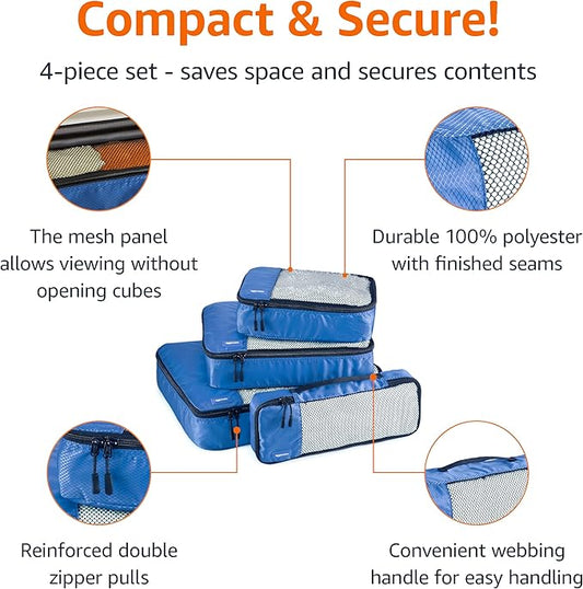 Amazon Basics Packing Cubes for Travel, Packing Organizers Set, 4-Piece-Set (Slim, Small, Medium, Large) With Double Zipper Pulls and Mesh Top Panel, 100% Durable Polyester, Blue