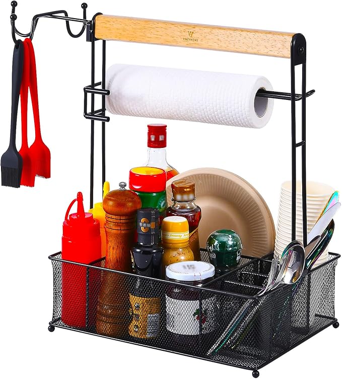 Grill Caddy, Picnic BBQ Organizer for Camping Outdoor Mesh Basket with 3 Hanging Hooks and Paper Towel Holder, Ideal Table Storage Tools for RV Camper/Tailgating/Flatware