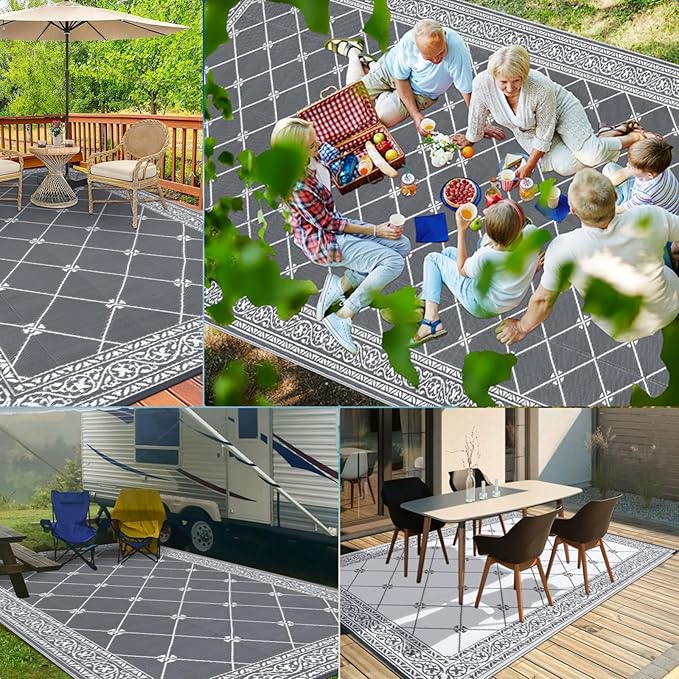 HiiARug Outdoor Rug 9'x18' for Patios Clearance, Reversible Outdoor Plastic Straw Waterproof Camping Carpet, Large Area Rugs Patio Mats for Outside RV, Camper, Deck, Porch, Beach, Picnic, Grey&White