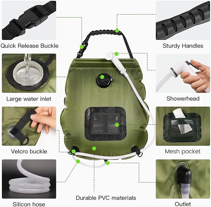 sapsisel Camping Shower Bag, 5 Gal/20L Solar Heating Camping Shower with Upgraded Hose and Shower Head,Portable Shower for Camping Hiking, Traveling