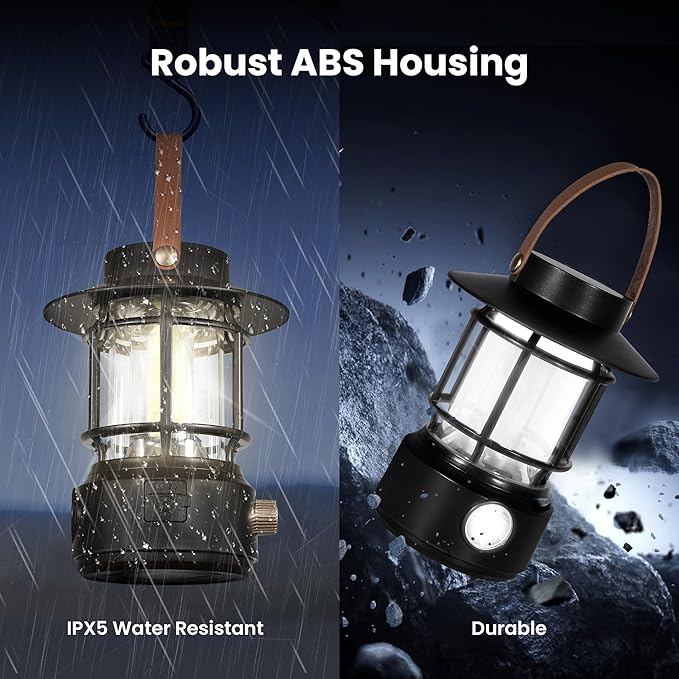 LED Camping Lantern, Solar Rechargeable Lantern Camping Lights with Side Lights, 1000LM Retro Style Portable Flashlight, IPX5 Waterproof Lanterns for Power Outages, Emergency, Hurricane, Hiking