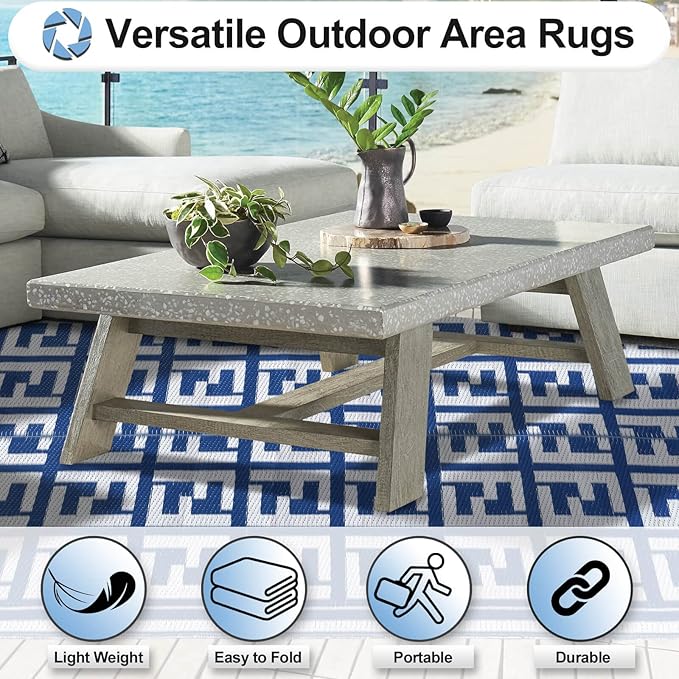 OutdoorLines Outdoor Plastic Area Rugs for Patio 5x8 ft - Reversible Outside Carpet, Stain & UV Resistant RV Mats, Straw Rug for Camping, Deck Garden, Porch and Balcony, Geometry Navy & Light Grey