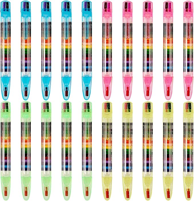 BBTO 20 Pieces Stackable Crayons for Kids Buildable Rainbow Glitter Crayon 20 in 1 Stacking Point Crayons for Drawing Learning and Art Class Supplies, 4 Shell Colors