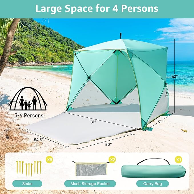 Pop Up Beach Tent, Portable Shade Sun Shelter UPF50+ UV Protection for 4 Person Extendable Floor for Fishing Hiking Camping, Waterproof Windproof（Mint Green