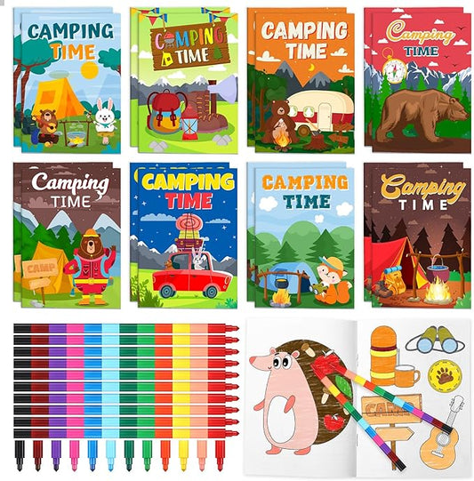 Pasimy 48 Pcs Camping Party Favors Coloring Books with Stackable Crayons Coloring Pages Drawing Booklet Party Supplies for DIY Art Painting Games Goodie Bag Fillers