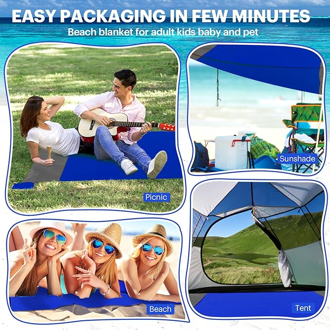 EASYFUN Beach Blanket Sandproof Oversized, 79''×83'' Extra Large Beach Mat, Portable Picnic Mat for Travel Camping Hiking, Lightweight Beach Essentials Family Water Resistant Mat Nylon 210T
