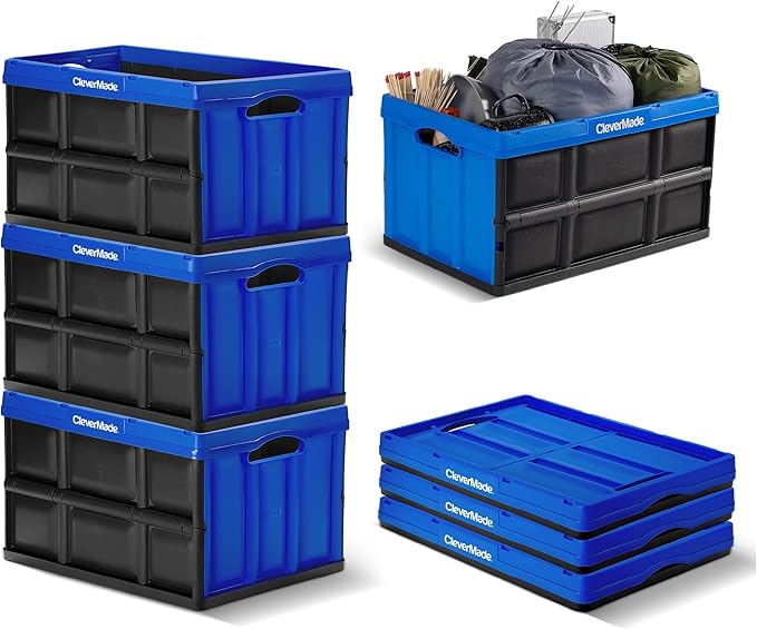 CleverMade Collapsible Storage Bins - Royal Blue 3 Pack 62L - Stackable Containers Heavy Duty Capacity Folding Crates - Space-Saving for Home