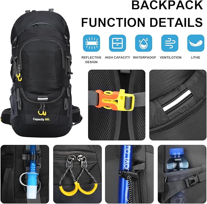ShowyLive 60L Hiking Backpack for Men/Women - Lightweight Waterproof Travel Backpack with Rain Cover, Multi-Compartments, Adjustable Straps - Large Camping Bag for Outdoor Adventures (Black)