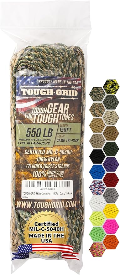 TOUGH-GRID Premium 550lb Paracord Rope - 150ft - Camo Tri-Pack - 100% Nylon Type III Mil-Spec - UV & Abrasion Resistant - Heavy Duty Strands - Outdoor Survival Rope - Used by US Military -Made in USA