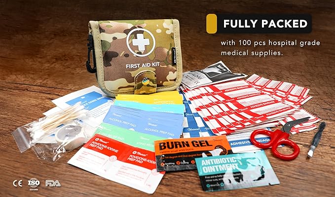 Small First Aid Kit, 100 Pieces Water-Resistant Well Organzied Pouch with Rotatable Buckle - Ideal for Outdoor, Travel, Biking, Camping, Hiking, Car (Desert Camo)