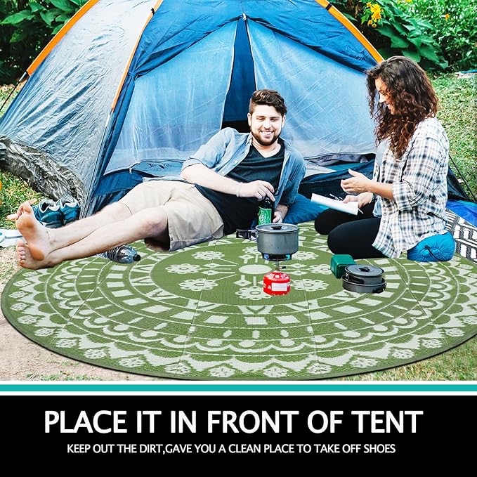 Capslpad 8Ft Round Outdoor Rug for Patios Clearance Reversible Mat Plastic Straw Patio Rugs Lightweight RV Camping Mat Circle Outside Area Rug Carpet for Balcony Deck Trailer Picnic BBQ,Green