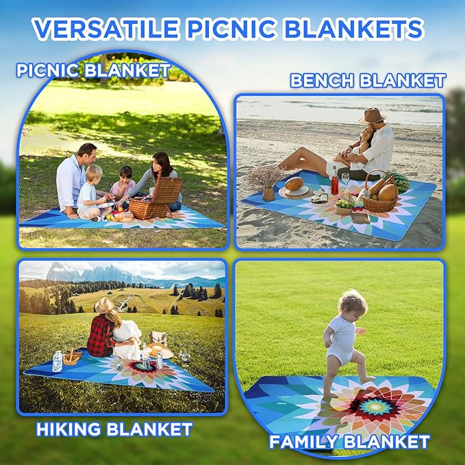 scuddles Picnic Blankets Dual Layers Picnic Blanket Outdoor Water-Resistant Handy Mat Tote Spring Summer Camping Blanket Great for The Beach