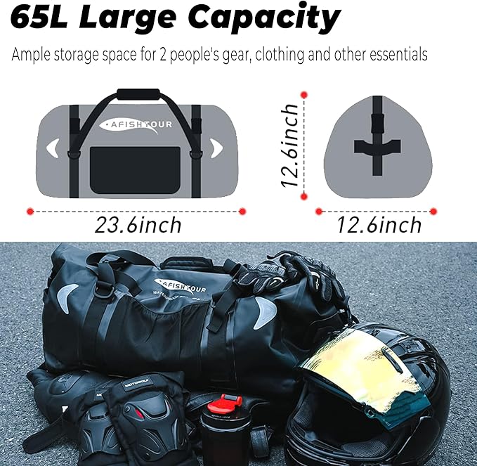 65L Waterproof Duffel Bag for Men and Women - Large Motorcycle Duffle Bag with Straps for Back Seat - Roll Top Dry Bag for Kayaking, Rafting, Boating, Swimming, Beach