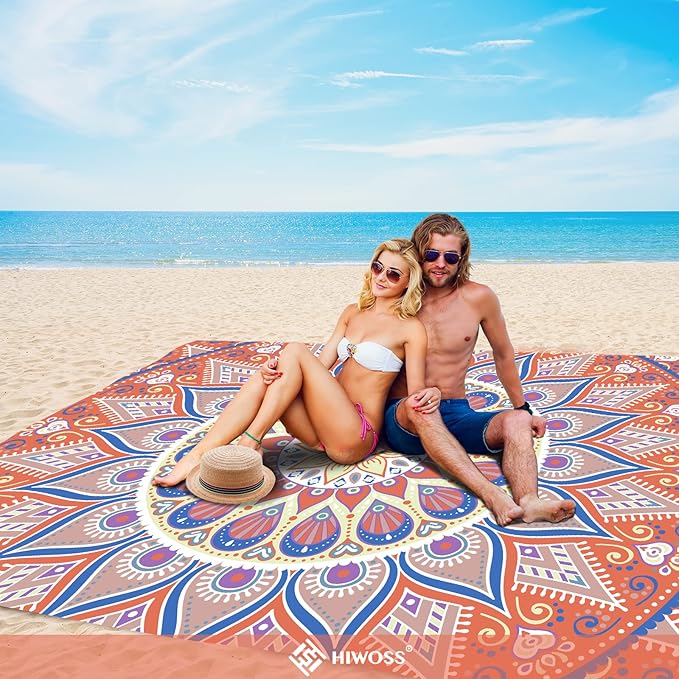 Beach Blanket Waterproof Sandproof Oversized 95”x 80”,Sand Free Beach Mat with Corner Pockets,Portable Mesh Bag for Beach Festival,Picnic,Travel and Outdoor Camping (SunsetOrange Blue)