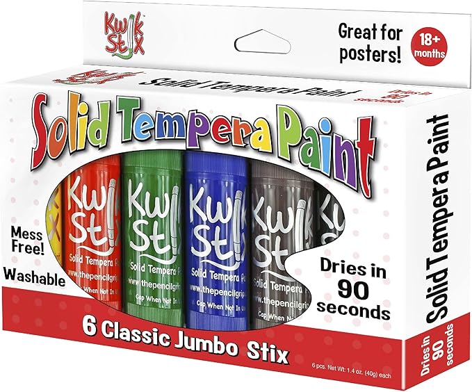 The Pencil Grip Kwik Stix Tempera Paints, Jumbo Tempera Paint Pens, 4 Times More Paint, Super Quick Drying, 6 Classic Colors- TPG-646