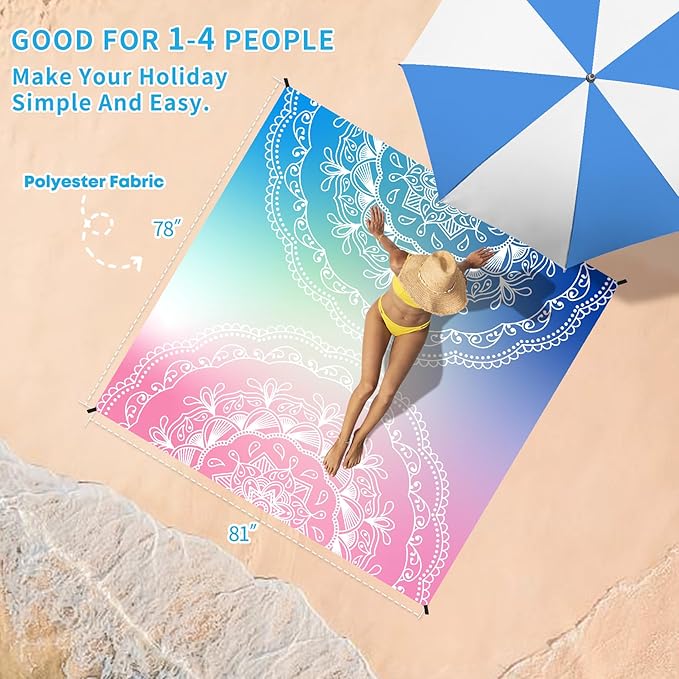 BYDOLL Beach Blanket Waterproof Sandproof 78''×81'' Suits1-4 Adults Compact Lightweight Oversized Sand-Free Blanket Large Picnic Mat for Beach Travel Camping Hiking