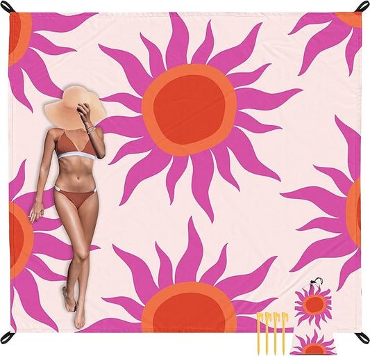 Large Beach Blanket Waterproof Sandproof, 9×10 FT Beach Mat Sand Free for 2-8 Adults with Stakes and Sand Pocket, Foldable Picnic Blankets for Outdoor, Camping Hiking, Vacation Essentials-Boho Sunset